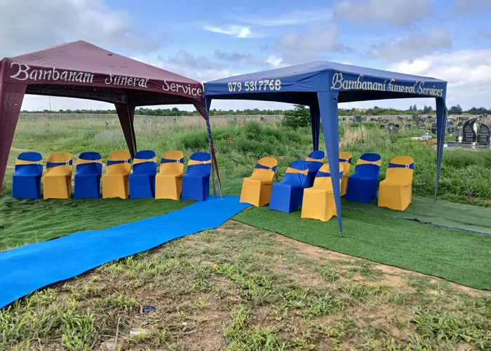 Bambanani Funeral Services branded gazebos showing the company contact number