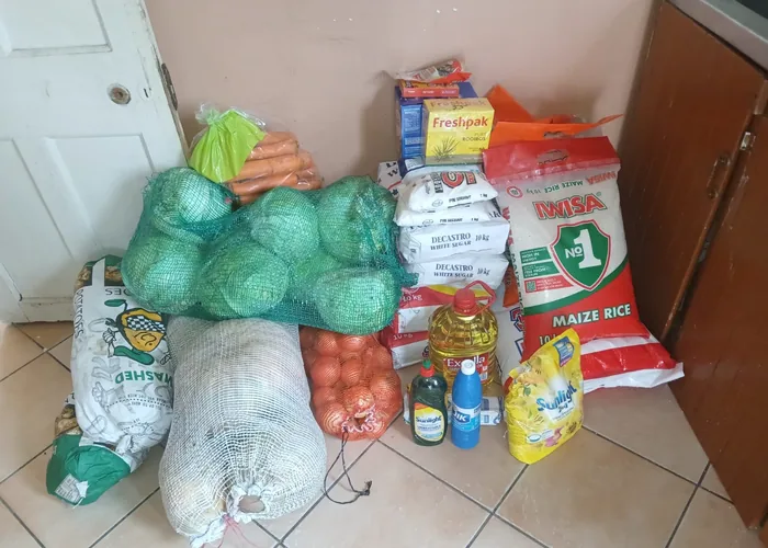 A grocery package of staples supplied to a family