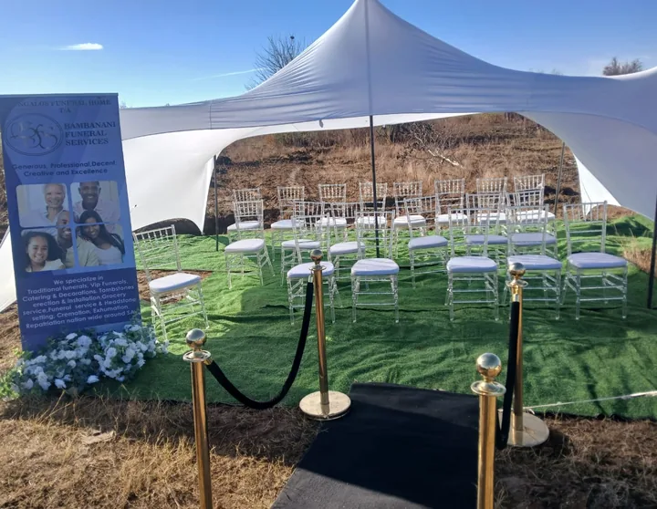A Bambanani Funeral Services stretch tent and seating prepared for a service